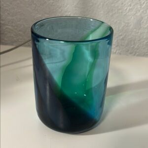 Hand Blown Art Glass Tumbler Cup – Blue and Green Swirl – Heavy Glass – 4" Tall